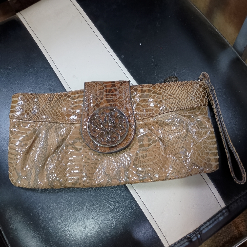 Solina Brown Snakeskin Bright Green Interior Lining Clutch/ Heavy Metal Emblem